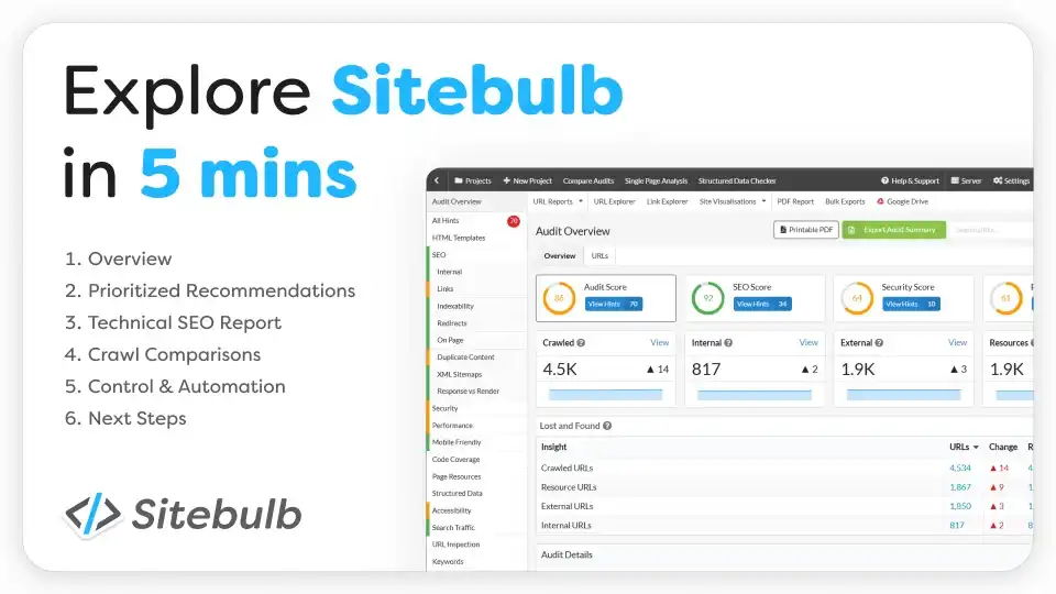 Modern office environment with large monitor displaying Sitebulb's visual site architecture with node graphs, crawl paths, and colorful issue indicators