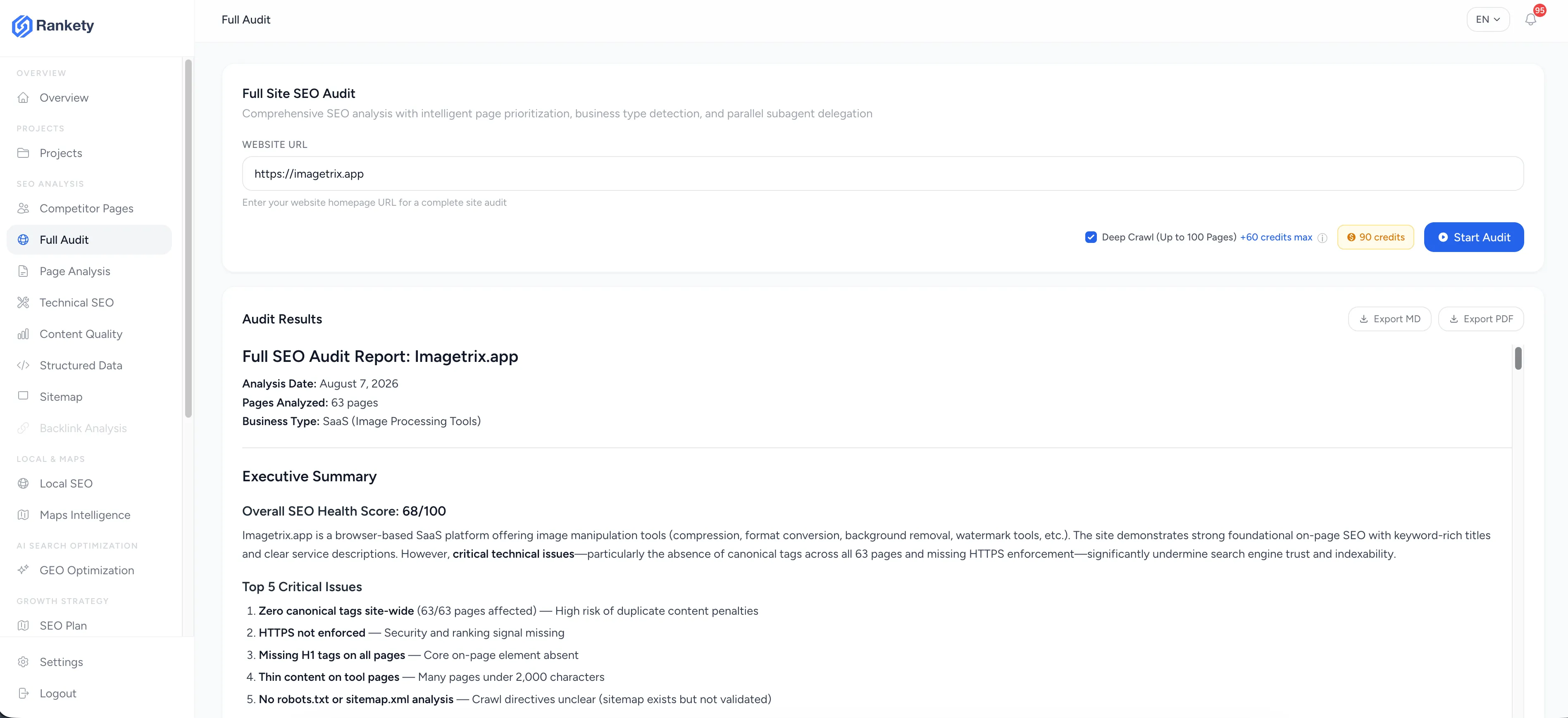 Modern laptop displaying Rankety's AI-powered audit interface with real-time analysis, comprehensive scoring system, and actionable recommendations