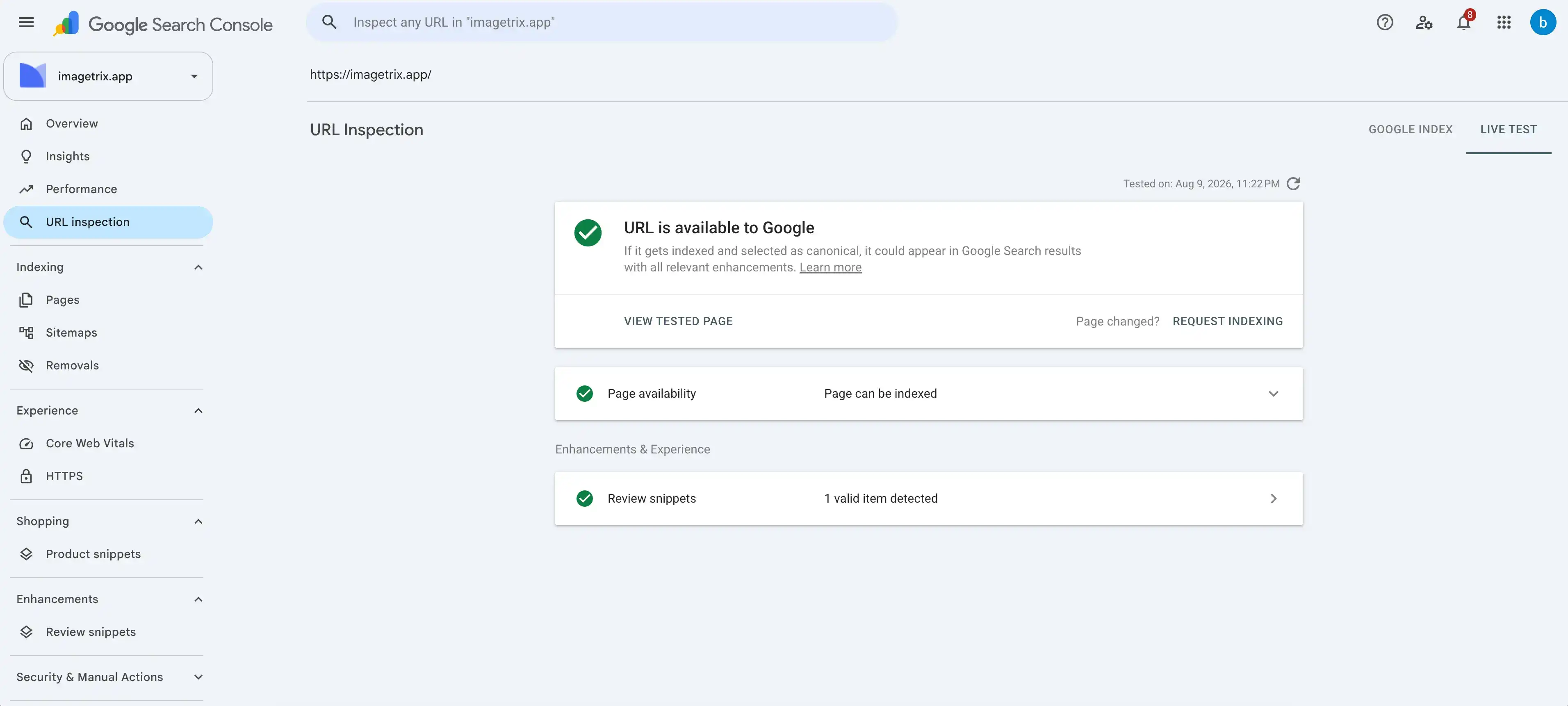 Google Search Console interface showing URL Inspection tool with indexing status, crawl information, and coverage details